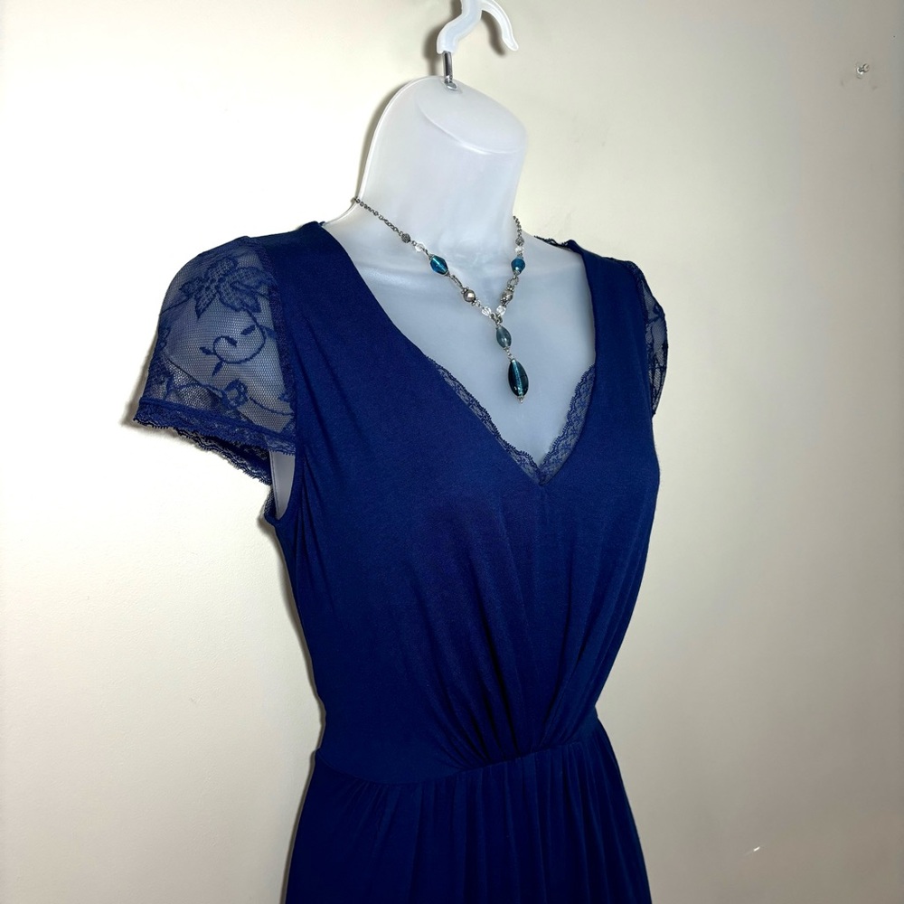 Navy Blue Maxi Dress Lace Cap Sleeves Lace Back Semi-Formal Casual - Picture 3 of 16